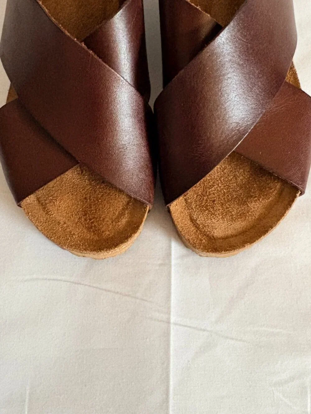 Yokono Spain Brown Leather Cross Over Strap Slide Boho Cork Wedge Sandle Sz 8